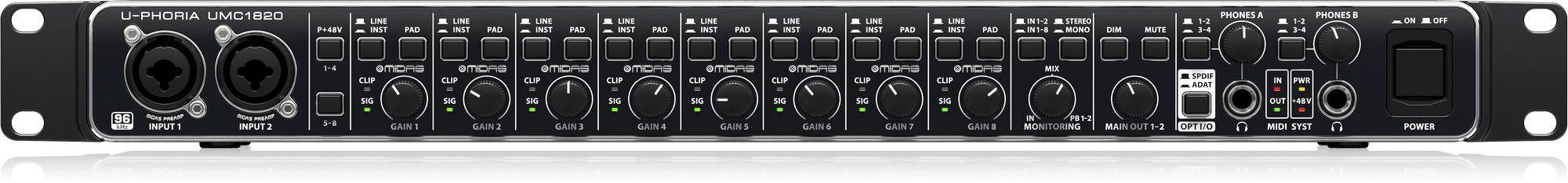 Behringer umc1820 Audiophile 18x20, 24-bit/96 Khz usb Audio/midi Interface With Midas Mic Preamplifiers zoom image